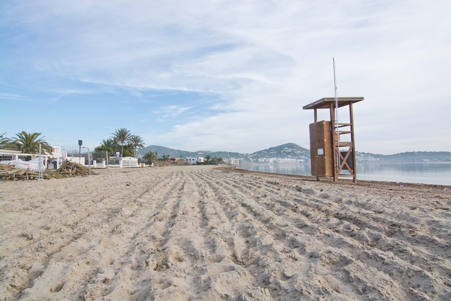 Ibiza, Balearic islands, Spain - December 17, 2015: Lifeguard station on empty Talamanca beach on a sunny winter morning in December.