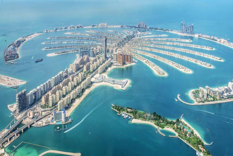 Aerial View Of Dubai Palm Jumeirah Island, United Arab Emirates