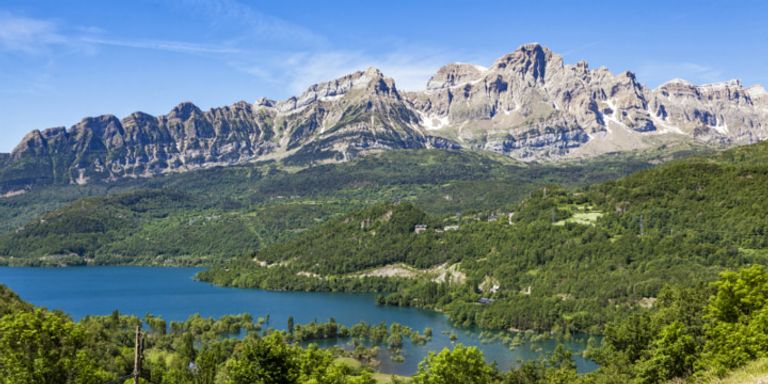 Panoramic view of green forest and the pyrenees