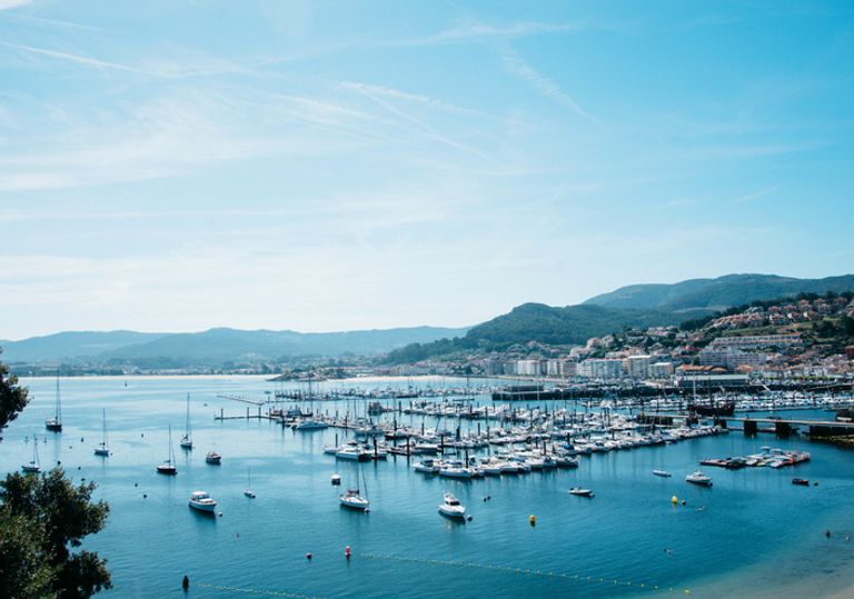 Yachts moored in the docks of Baiona