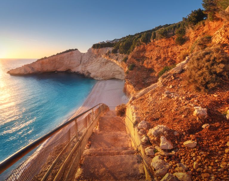 Stairs down to Porto Katsiki, Lefkada at sunset