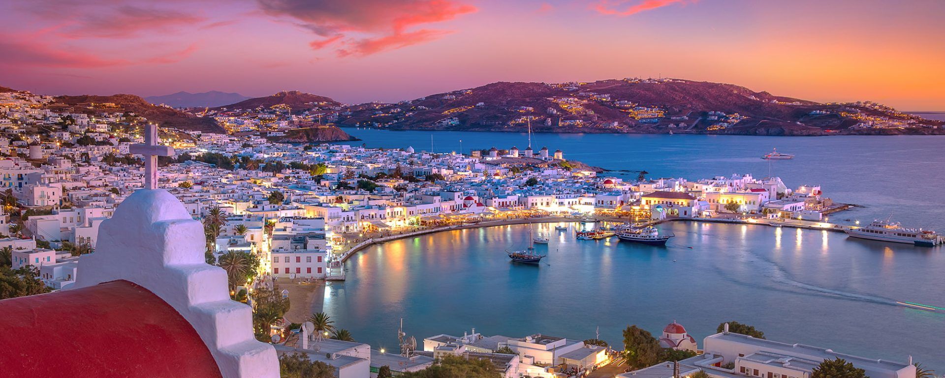 Mykonos bay at sunset