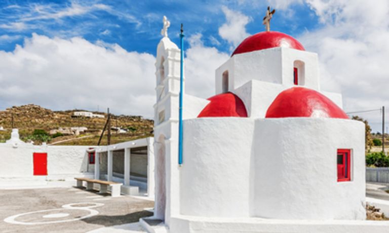 Tourlos red and whitewashed building, Mykonos