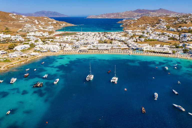 Aerial View To The Bay Of Ornos On The Island Of Mykonos, Greece