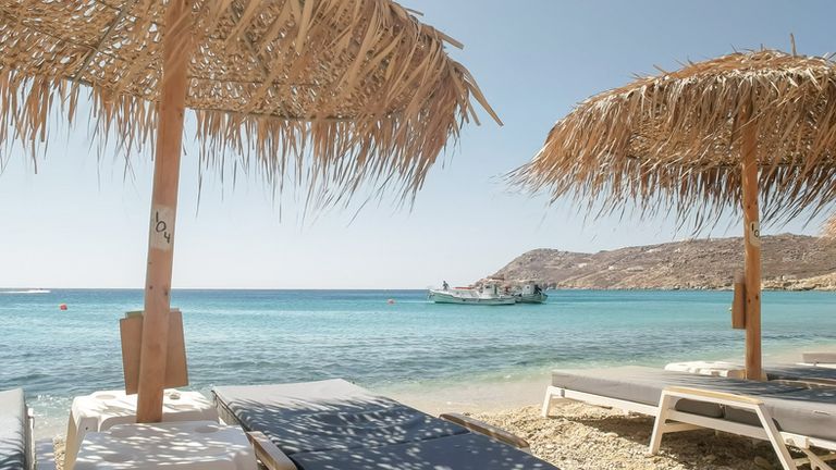 Beach Chairs At Elia Beach On Mykonos, Greece