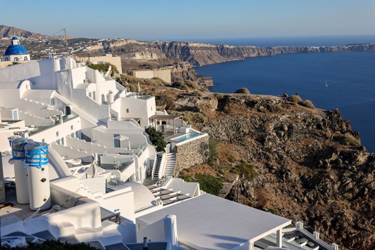 Whitewashed Houses With Terraces And Pools In Imerovigli, Santorini