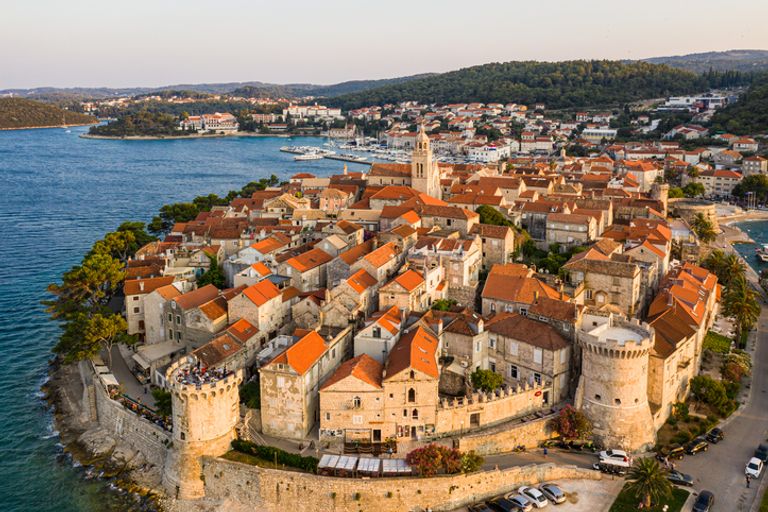 Aerial View Of Korcula Old Town By The Adriatic Sea In Croatia