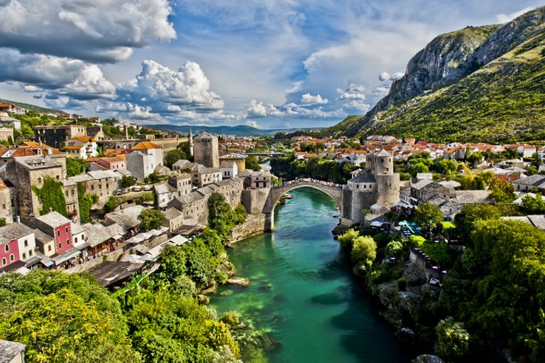 Panoramic view of Mostar and bridge, Croatia