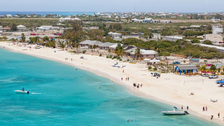 Aerial View Of The Beach At The Cruise Center Of Grand Turk In The Caribbean With A View Over Cockburn Town.