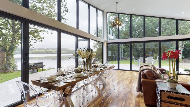 living room with glass windows