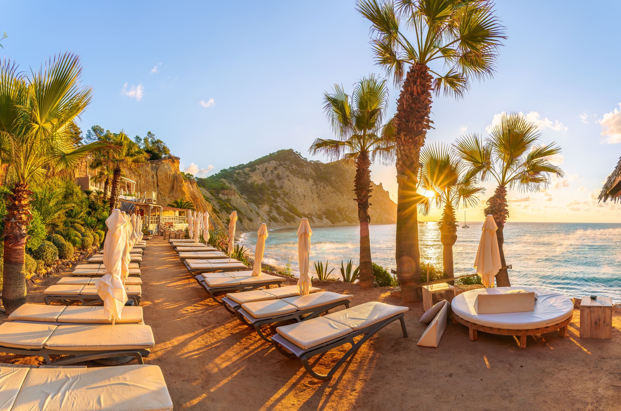 Landscape with Sol d'en Serra beach at sunrise time, Ibiza islands, Spain