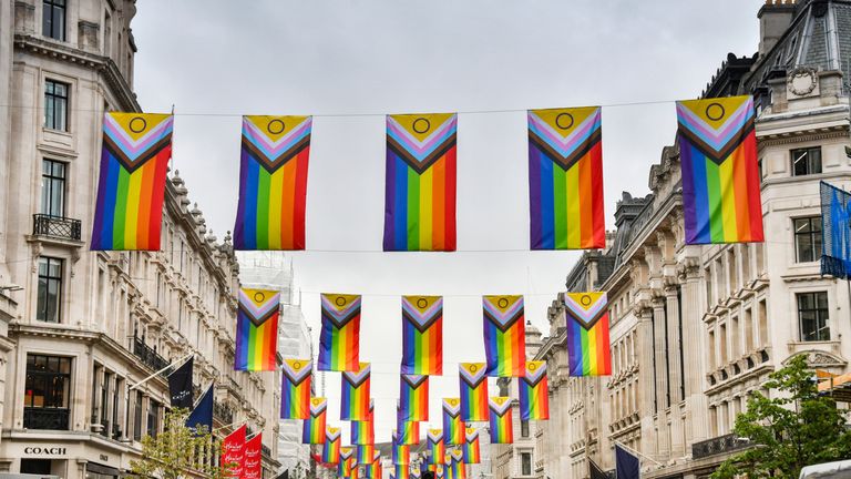 Gay pride flags on a street in central London