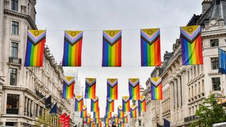 Gay pride flags on a street in central London