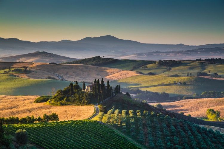 Scenic Tuscany landscape with rolling hills and valleys