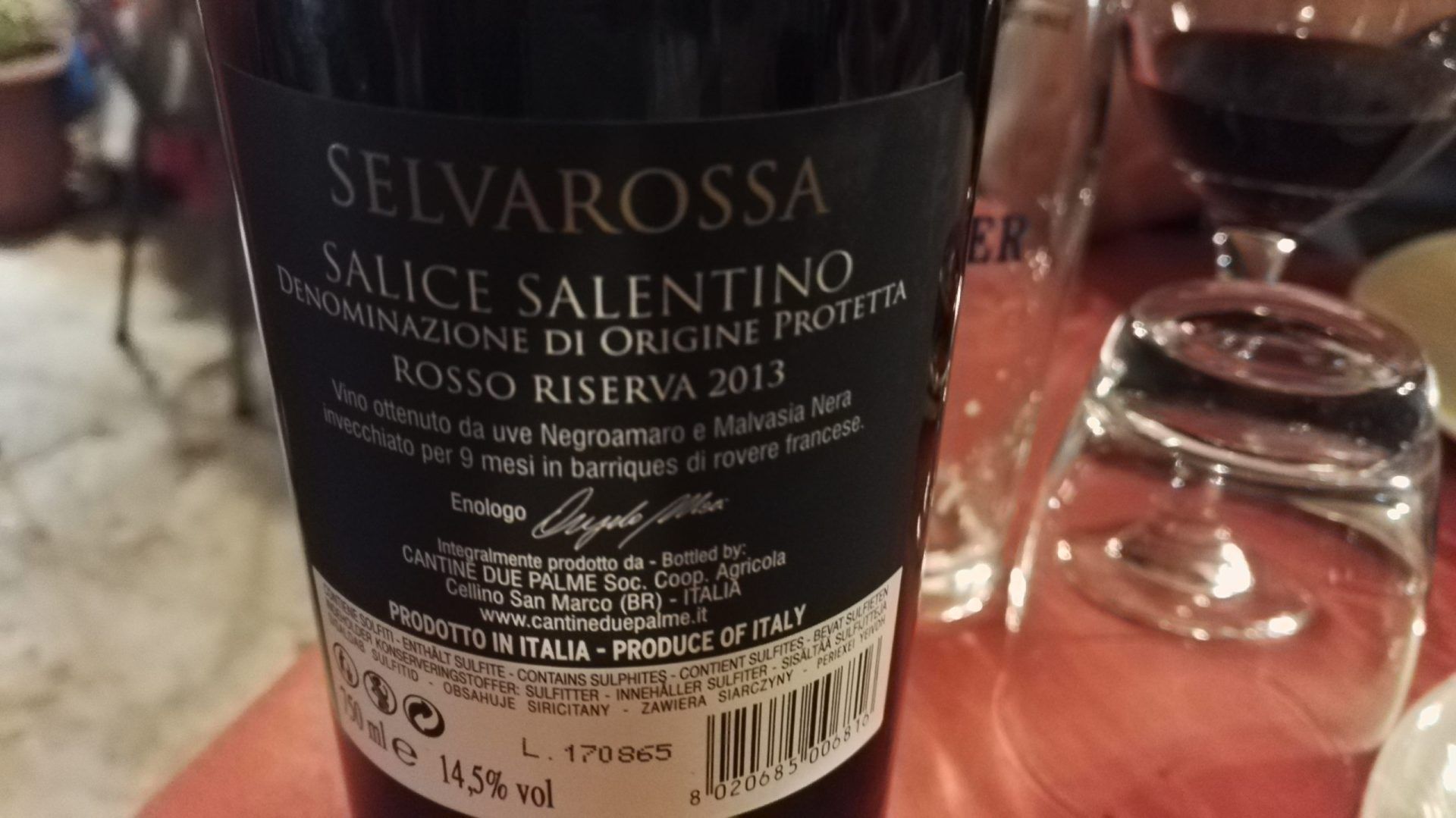 “Selvarossa” is one of Puglia’s finest “Salice Salentino” red wines (produced by “ Cantine due Palme”)