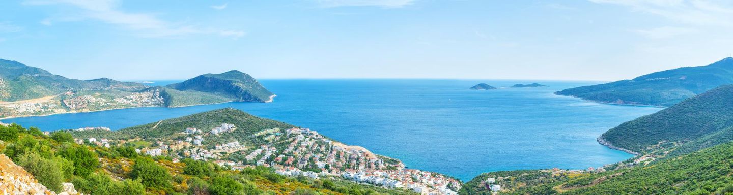 View of a village in Kalkan, Turkey, outlooking to the sea